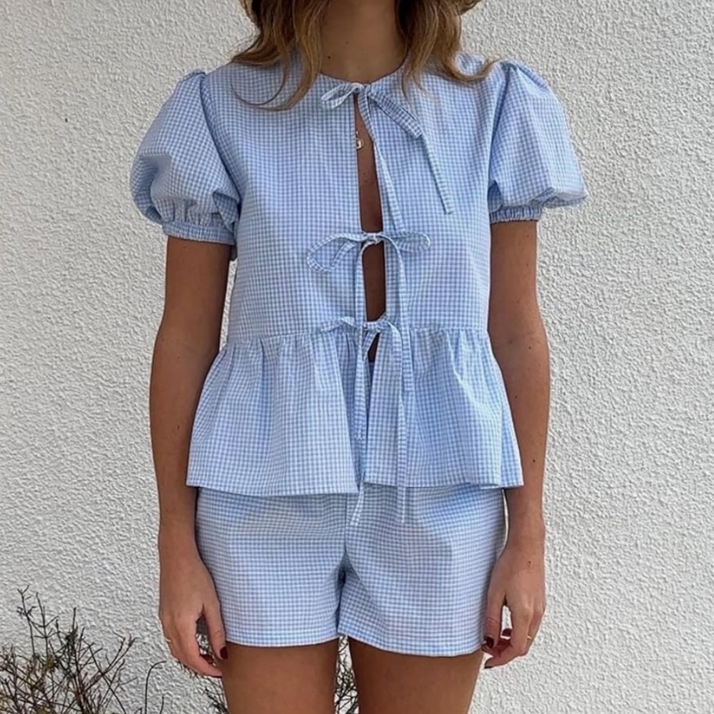 2 Piece Plaid Sets Puff Sleeve Tie Front Peplum Set